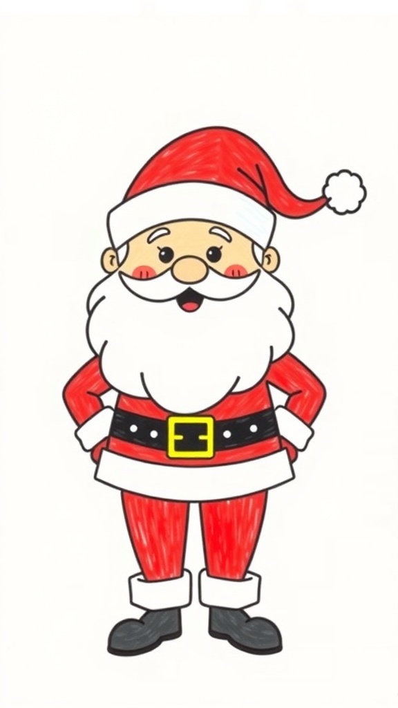 A simple and colorful drawing of Santa Claus with a red hat and white beard, perfect for beginners.
